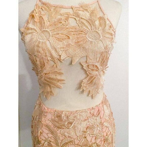 Strategic Illusion Dress Cream Lace Appliqué Sexy Club Party Night Out Mini Med - Picture 7 of 9
